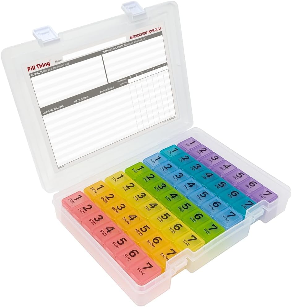 7 keer per dag Weekly Pill Box Organizer Case, Secure 7X Pillbox met medicatie schema, Inclusief Premium Lifetime abonnement op Medisafe App (7 Time-a-Day)