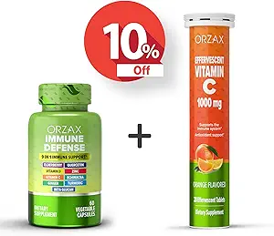 ORZAX Immune Defense 9-in-1 Supplement 60 Vegatable Capsules en vitamine C 1000mg 20 Effervescant Tablets, Bundel