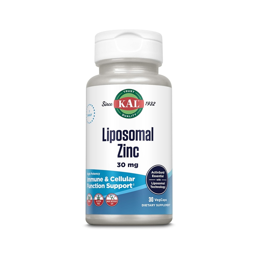 KAL Liposomale Zink 30mg, Cellulaire Functie en Immuun Ondersteuning Supplement, Enhanced Absorptie Zink Supplementen, Veganistisch, Glutenvrij, Sojavrij, 30 porties, 30 VegCaps