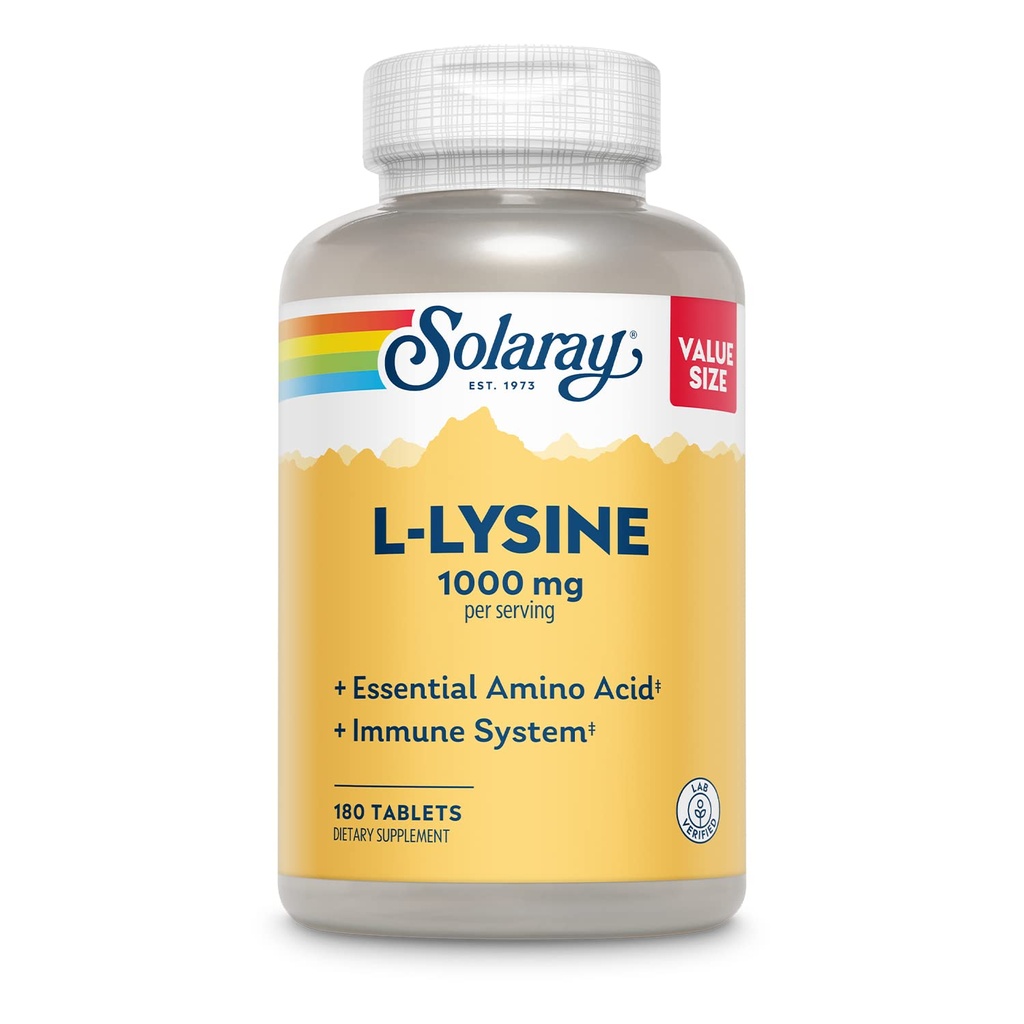 SOLARAY L-Lysine, Free-Form 1000 mg, Essential Amino Acid Immune Support Supplement met vitamine C 1000 mg en zink 25 mg, Value Size, Lab geverifieerd, 60 dagen garantie, 60 porties, 180 tabletten