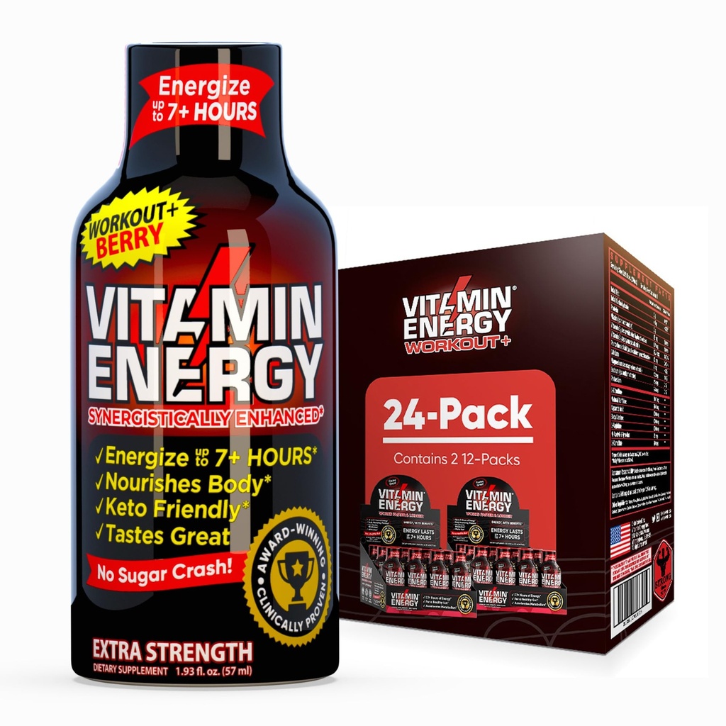Vitamin Energy Workout+ Extra sterkte Energie Shot Berry 24 Pack, 260mg Natural Cafeine, Pre-Workout, B-Vitamins, Mineralen, Endurance & Performance, Zero Sugar, Gluten-Free, Veganistan, 1,93 fl oz