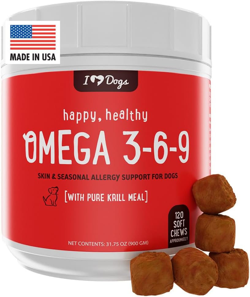 iHeartDogs Omega 3-6-9 voor honden - huid- en jasvisoliesupplement voor honden met zuivere Antarctische krillolie - Allergie & Itchy huidrelief Kauwen, 120 Tel.