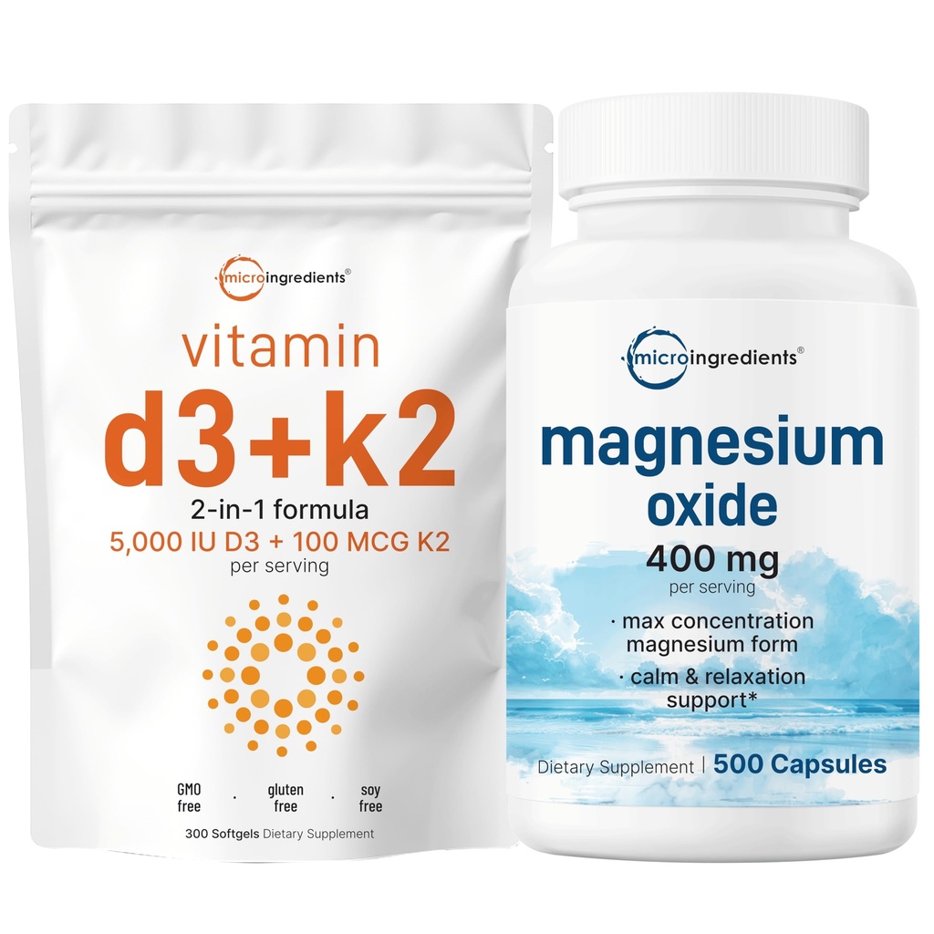 Micro Ingrediënten Vitamine D3 5.000iu + K2 100mcg Softgels & Magnesium Oxide 400mg Bundelpakket 