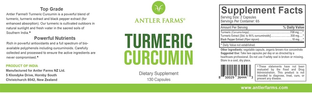 Antler Farms 100% Pure Kurkuma Curcumin, 130 Capsules, 95% Curcuminoïden & Black Pepper Extract, Enhanced Absorbment 