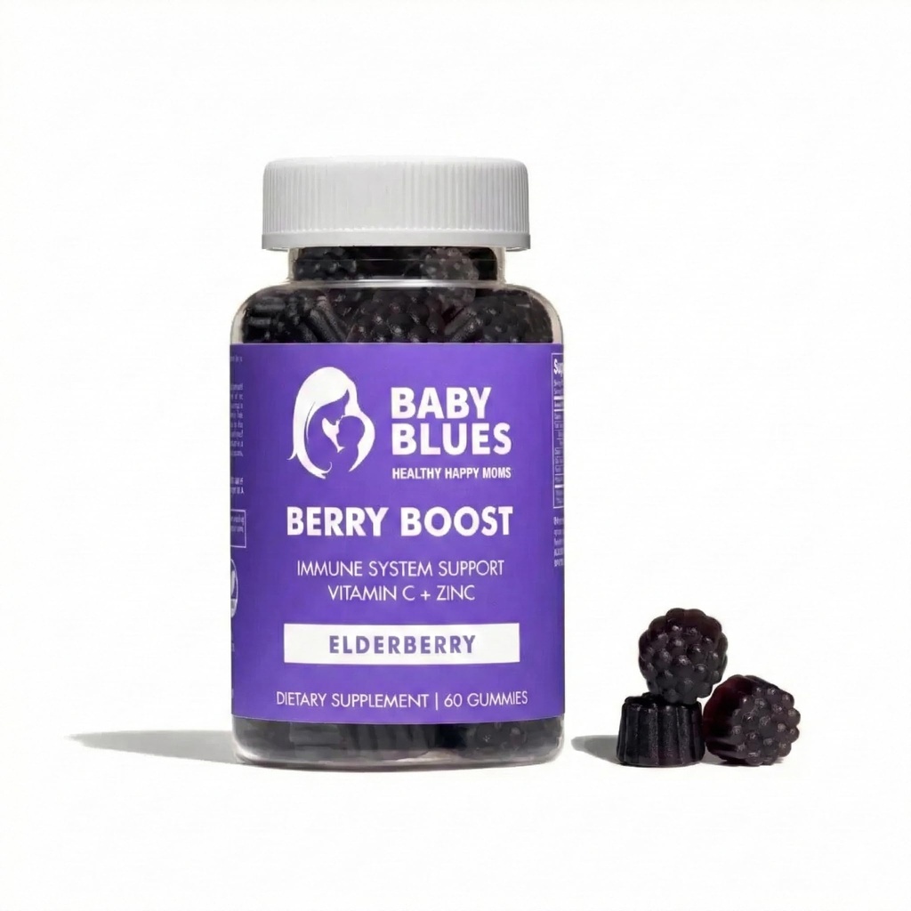 Baby Blues Berry Boost voor moeders, Immuniteit Vlierbessen Gummies Immuun Ondersteuning Supplement met vitamine C en zink voor volwassenen, Non-GMO Immuun Systeem Vitaminen Booster Vegan Glutenvrije Gummies, 60st