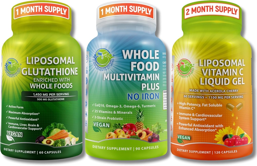Daily Immune, Antioxidant & Energy Support Bundle – Liposomal Glutathione 500mg with Whole Foods + Liposomal Vitamin C 1100mg Liquid Gel + Vegan Whole Food Multivitamin Without Iron