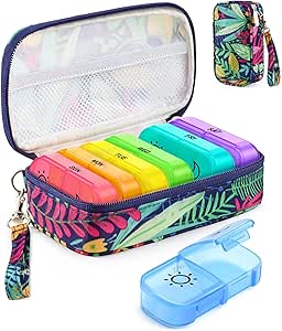 Weekly Pill Organizer 7 Day 2 Times a Day with Maple-Leaf Printed Bag, AMOOS AM PM Pill Holder with Lightproof Canvas Bag, BPA-Free Large Pill Box Case for Vitamin, Supplement, Medication, Fish Oil