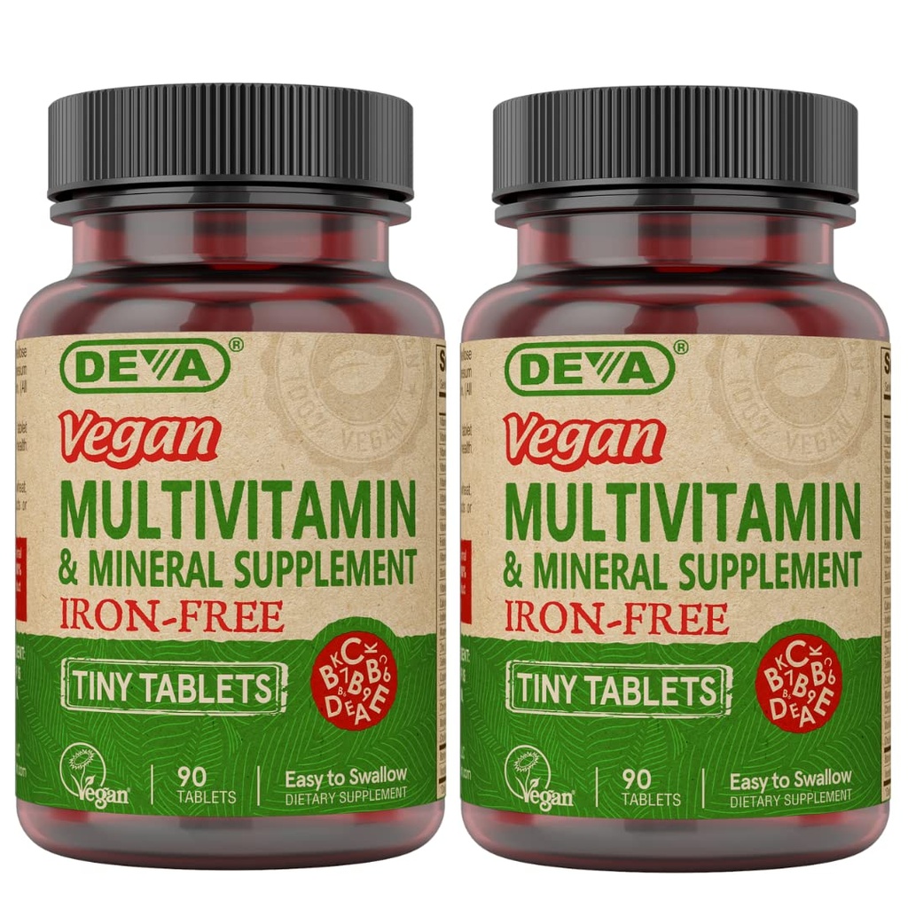 DEVA Veganistisch multivitamine- en mineraalsupplement 2-pack, vitamine C, D2, E & B-complex, biotine, 90 kleine tabletten elk