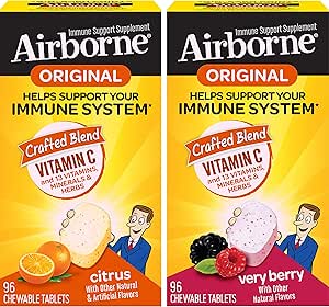 Airborne 1000mg Vitamine C Kauwtabletten Citrus & Very Berry Flavor Bundle - Immune Support Supplement met zink en krachtige antioxidant vitamines A & E, (2x96ct flessen)