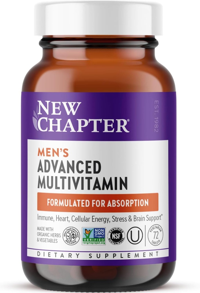 Nieuw hoofdstuk Mannen Multivitamine Geavanceerde Formule voor Stress, Hersenen, Immune, Hart en Energie Ondersteuning, Hogere niveaus van Gefermenteerde Essentiële Voedingsstoffen voor Mannen + Selenium + B Vitaminen, 72 ct