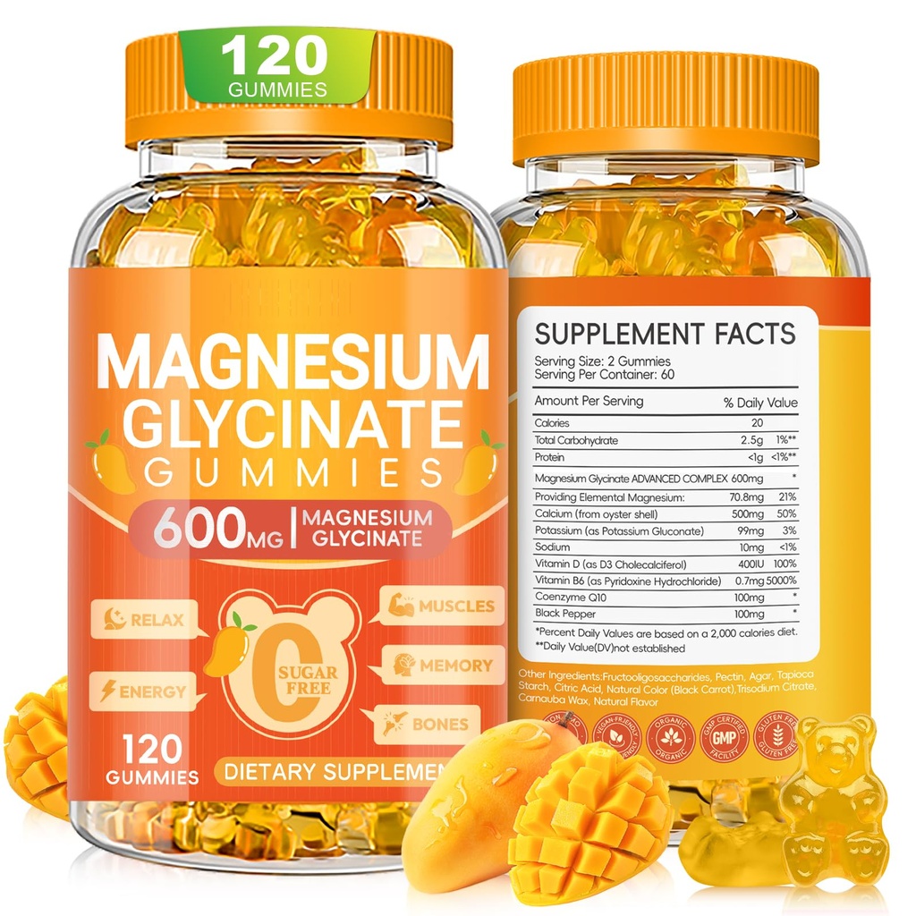Magnesium Glycinate Gummies 600mg, Kauwbare suikervrije Kalium Magnesium Gummies met Magnesium Glycinate, Vitamine D, B6 en CoQ10 voor Slaap, Ontspannen, Hersen & Spier, 120 Tellen
