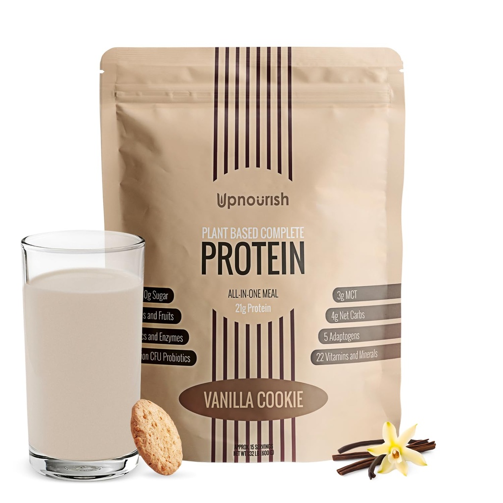 UpNourish Vanilla Cookie Vegan Protein Powder 54 Superfoods Powder,1,5 miljard CFU Probiotica 21g Plant Based Protein,Geen suiker Geen zuivel Geen GGO-melkvrij, Maaltijd Vervangingsshake Keto-Vriendelijk Low-Carb Diet,15 Servers