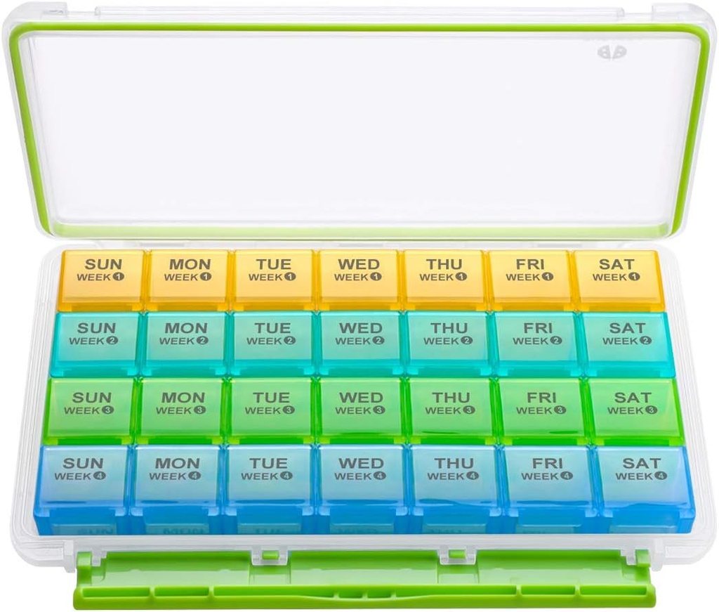 BUG HULL maandelijkse pil Organisator, Vocht-Proof grote 28 dagen pil Box met verwijderbare 4 weken pil geval Rijen, Medicine pil Organisator, Reis pillen Organisator met een maand pil container voor vitamine
