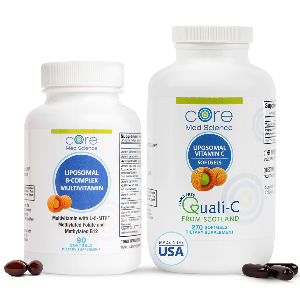 Core Med Science Liposomale Vitamine B-complex & vitamine C 1000mg Zachte Gels bundel voor hartgezondheid en immuunsysteem