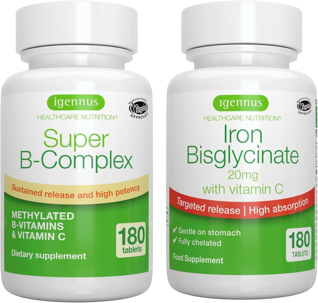 Super B-Complex & High Absorptie Iron Bisglycinaat 20mg met vitamine C, Vegan Bundle, methylated Sustained Release B Complex & Gentle One-a-Day Iron with Targeted Release, by Igennus