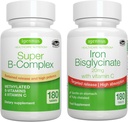 Super B-Complex & High Absorptie Iron Bisglycinaat 20mg met vitamine C, Vegan Bundle, methylated Sustained Release B Complex & Gentle One-a-Day Iron with Targeted Release, by Igennus