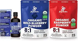 Jungle Powders Wild Bilberry Extract Organic Blueberry Powder USDA Organic Raspberry Powder Bundle Blueberries Raspberries Powdered Whole Berry for Baking Bilberry Supplement for Eyes