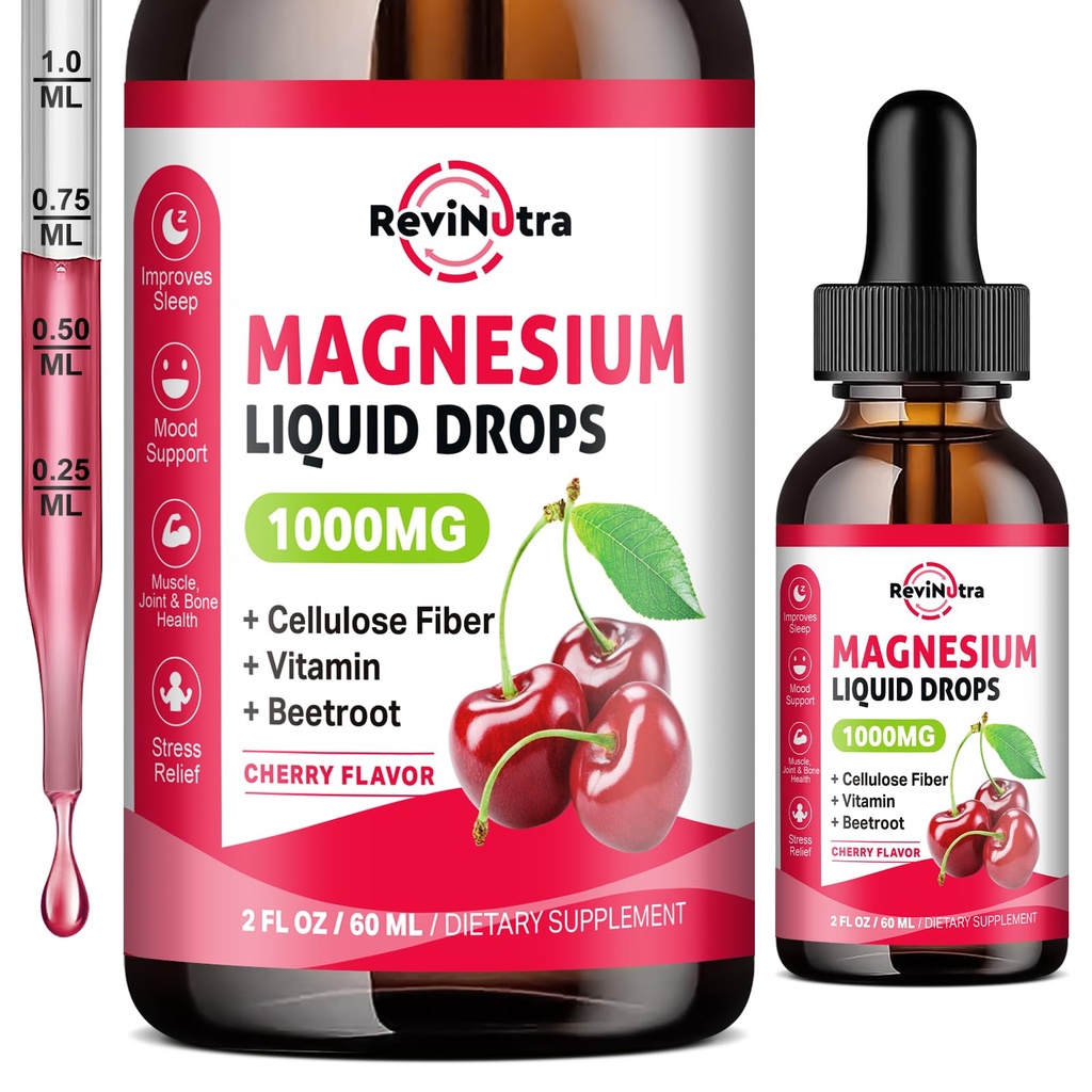 Magnesium Glycinate Liquid Drops, 1000mg Magnesium Glycinate, Citrate & Taurate with Fiber, Beetwortel, Vitamine B & C for Sleep, Calm, Muscle, Energy & Relaxation, 2 Fl Oz, Suikervrije Cherry Flavor