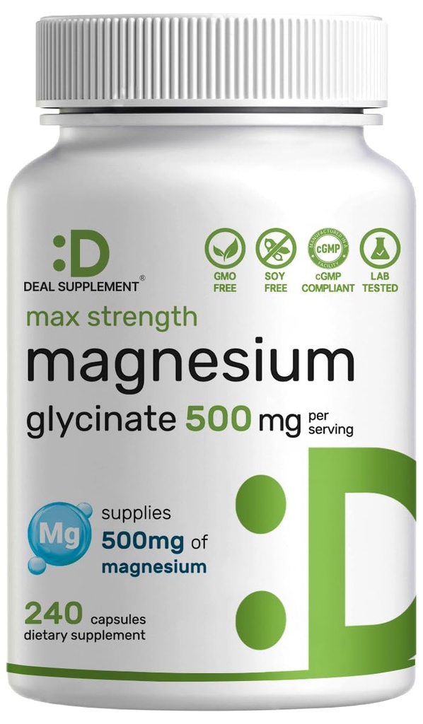 Max Strength Magnesium Glycinate 500mg per portie, 240 Capsules 