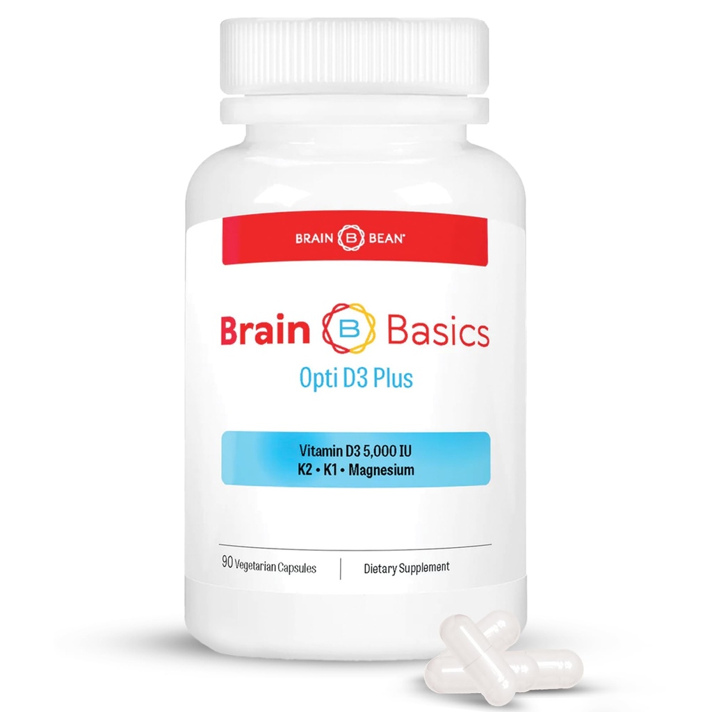 Brain Basic Opti D3 Plus - Vitamine D3 5000 IE met K1, K2 en Magnesium - Hersenondersteuningssupplement voor Mood, Geest, Geheugen - Bot, Spier, en Immune Health - Glutenvrij, Sojavrij en Zuivelvrij