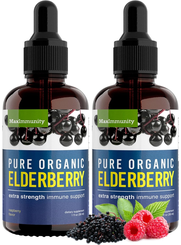 Biologische Vlierbessen Siroop, 60 dagen levering, Zwarte Liquid Drops voor Immune Support, Sambucus Vlierbessen Siroop - Liquid Extract druppels voor kinderen & volwassenen - Extra sterkte (2 Pack)