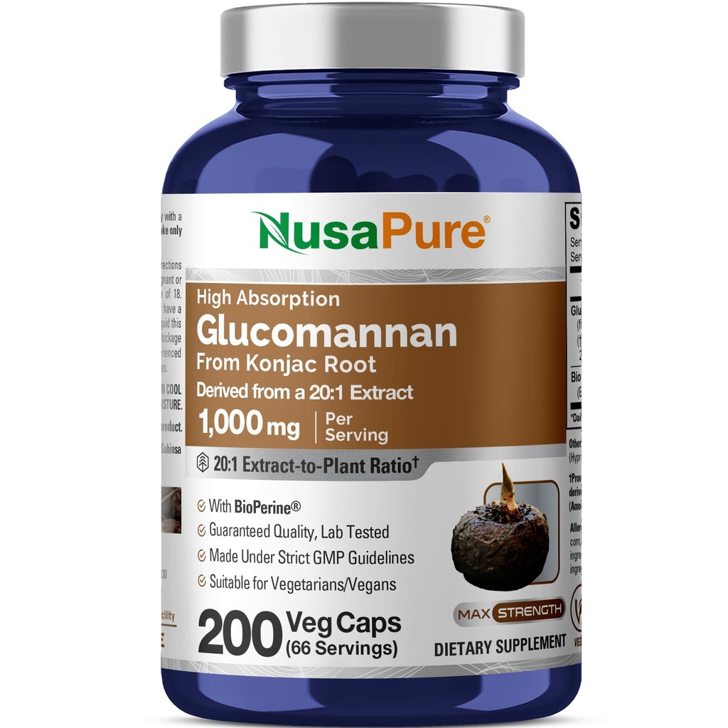 NusaPure Glucomannan 1000 mg per portie 200 Veg Caps (BioPerine, Non-GMO, Vegan) Konjac Root