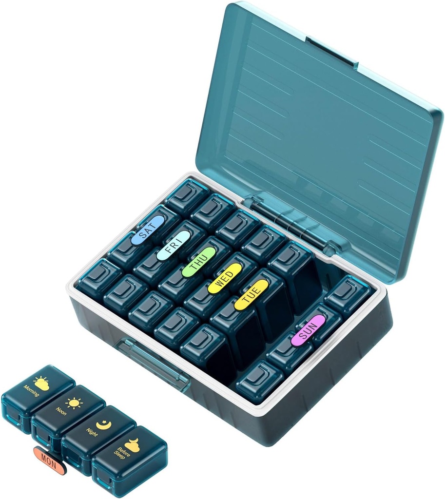 Weekly Pillen Organisator 4 keer per dag, Grote Compartmenten Pillen Box 4X 7 Dag, Medicine Organizer Pillen Case voor pillen/Vitaminen/Visolie/Medicatie/Ondersteuning (4x7 Blauw)
