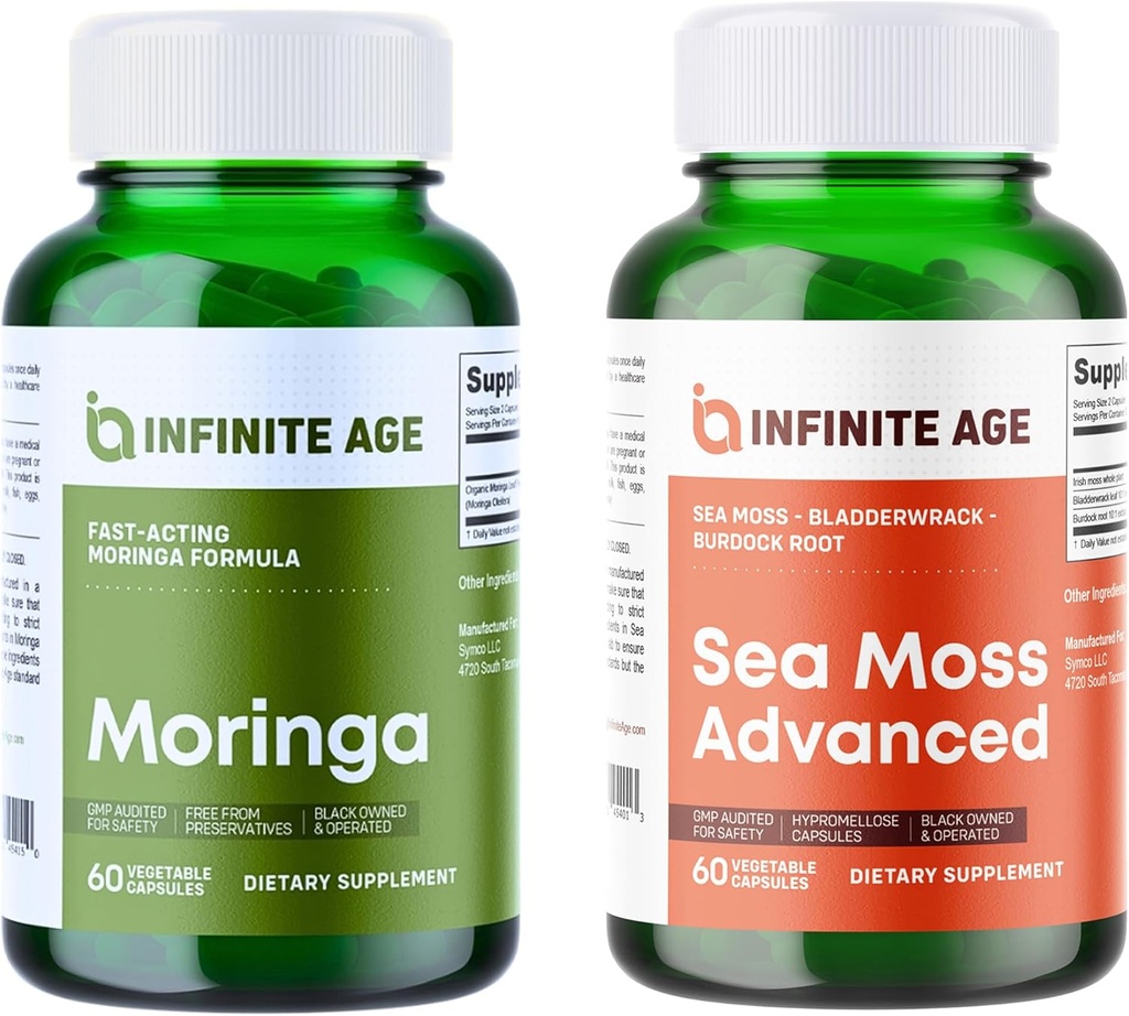 INFINITE AGE Wellness Bundle - Sea Moss Advanced 1250mg, Moringa Powder Organic Supplement 1000mg - Made in The USA