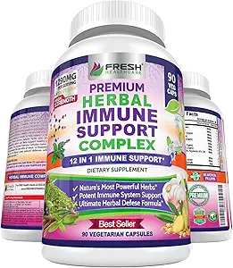Immune Support Herbal Supplement - 12 in 1 Daily Immune Defense Booster - Garlic, Ginger, Elderberry, Holy Basil, Green Tea Extract, Milk Thistle, Mushroom & Panax Ginseng - 90 Vegan Capsules Pills