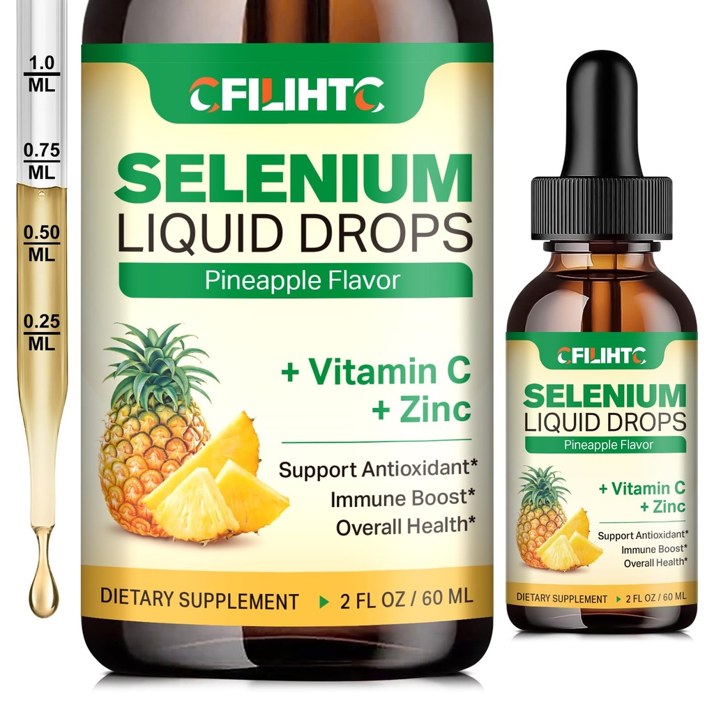 Selenium Liquid Drops, 200mcg Liquid Selenium Supplement met vitamine C & Zink, Ondersteuning voor het immuunsysteem, Antioxidant & Heart Health, Hoge Absorptie, Ananas smaak, 2 Fl Oz