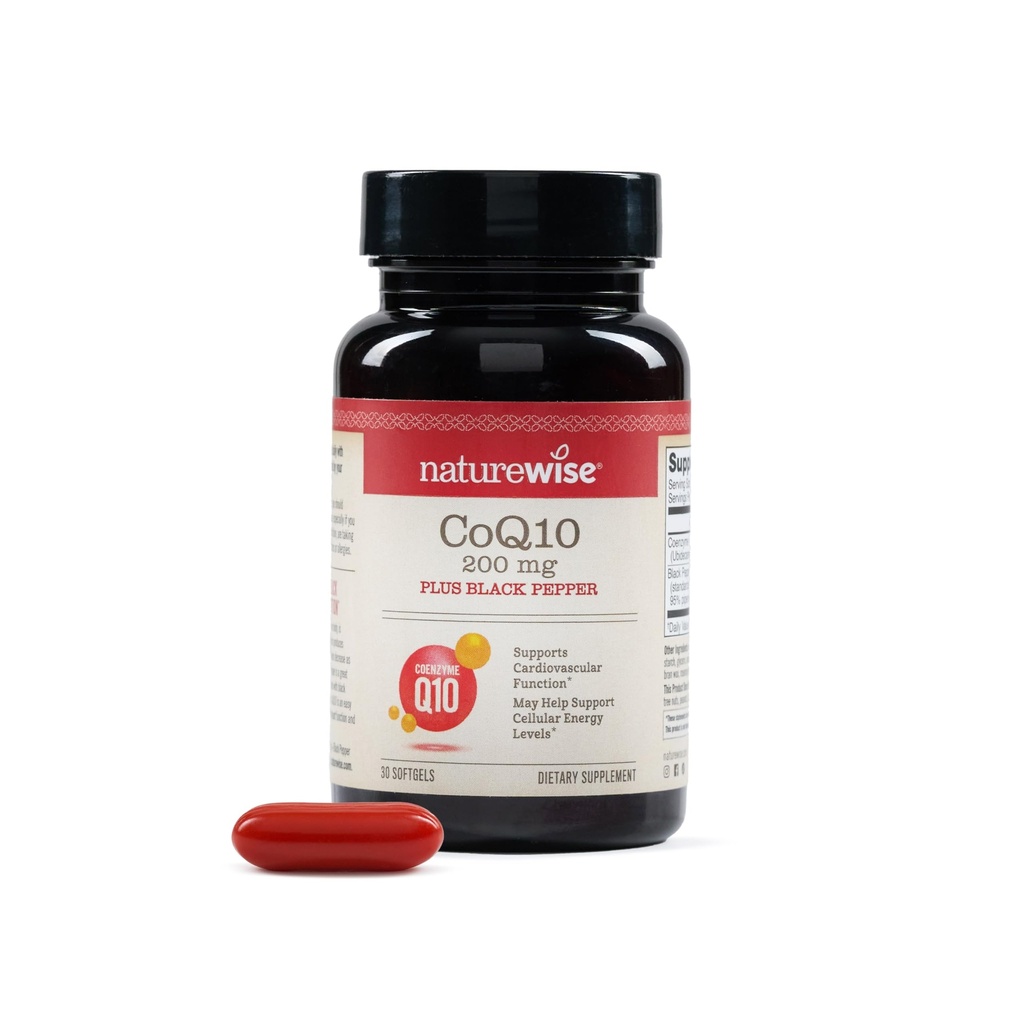 NatureWise CoQ10 200mg + Black Pepper Softgels - High Absorptie Cozyme Q10 + Black Pepper - Antioxidant for Heart Health + Cellular Energy - Vegan, Non-GMO, Gluten-Free - 30 Count[30-Day Supply]