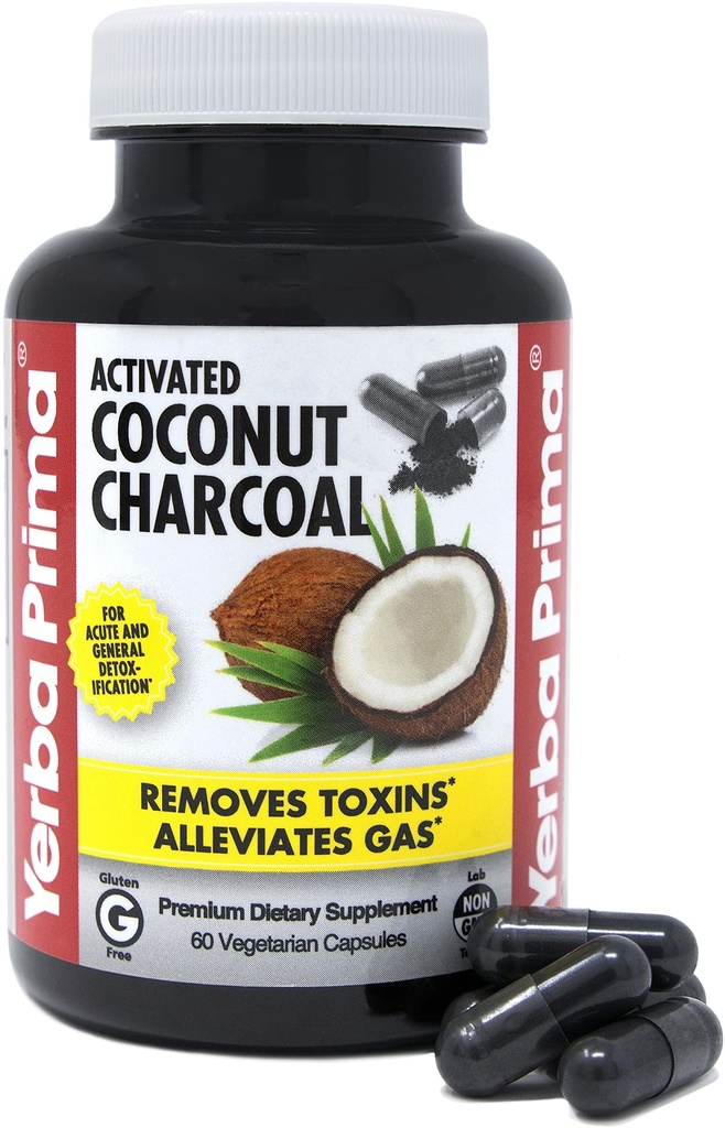 Yerba Prima Activated Coconut Charcoal, 60 Capsules - Natural Detox - Vegetarian, Vegan, Gluten Free, Non GMO