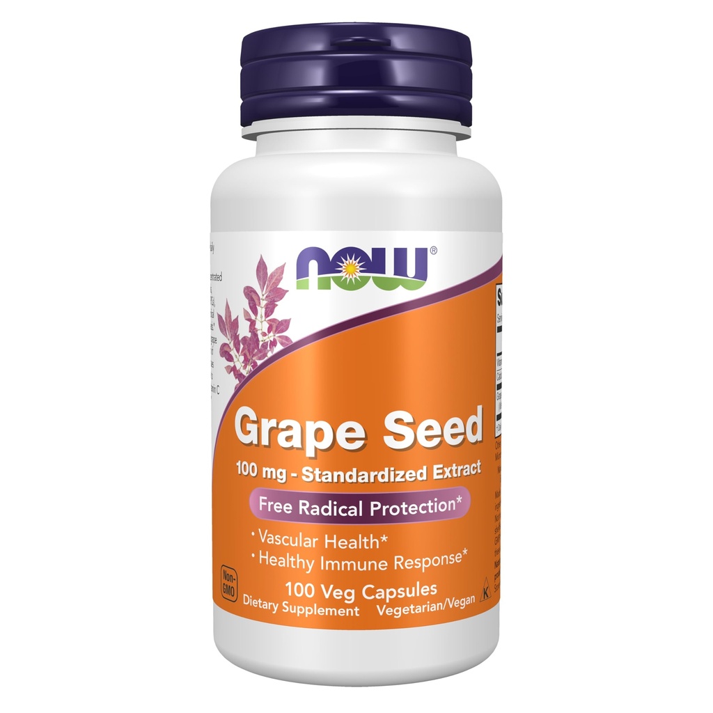 NOW Supplementen, Grape Seed 100 mg - Gestandaardiseerd Extract, Hoog geconcentreerd Extract met een minimum van 90% Polyfenolen, met vitamine C, 100 Veg Capsules