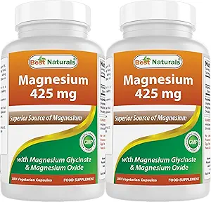 Best Naturals Magnesium 425 mg 180 Veggie Capsules - Hoge Absorptie Magnesium Glycinaat & Magnesiumoxide Gecheleerd, Non-GMO, Glutenvrije Spier Relax (180 Tel (Pack of 2))