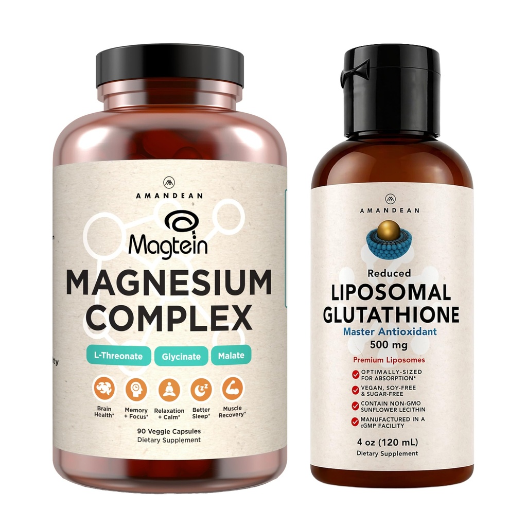 AMANDEAN Premium Liposomale Glutathion & Magnesium Complex Bundle. Antioxidant. Vloeibare Setria. Hoge absorptie Magnesium Threonate, Glycinate & Malate. Hersen- en levergezondheid. Geheugen, focus & slapen