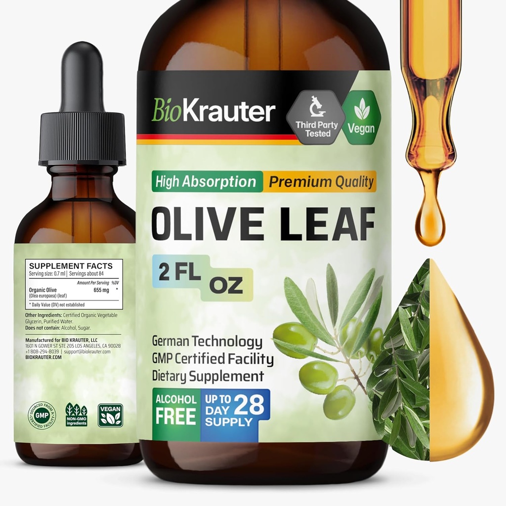 BIO KRAUTER Olive Leaf Extract Liquid - Olive Leaf Tinctuur voor Immune Ondersteuning - Alcohol en Suikervrij - Vegan Drops 2 Fl.Oz.
