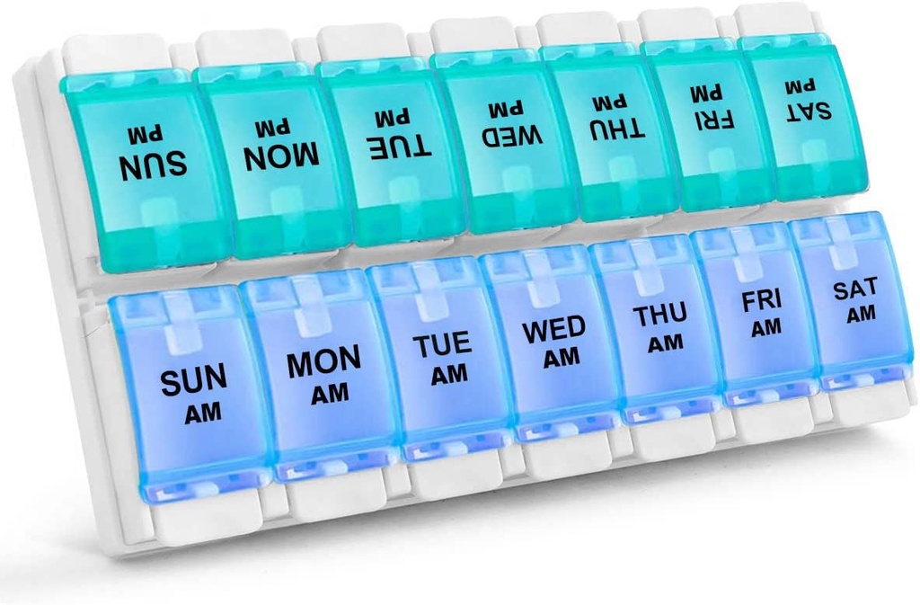 Sukuos AM Wekelijkse 7 dagen pil Organisator, 2 keer Een dag pil Box met Artritis Vriendelijk Push Knop, Geneeskunde Cases voor Vitamine/Visolie/Suplements, Gemakkelijk te reinigen (Cyan&Blue)