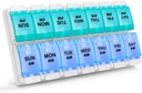 Sukuos AM Wekelijkse 7 dagen pil Organisator, 2 keer Een dag pil Box met Artritis Vriendelijk Push Knop, Geneeskunde Cases voor Vitamine/Visolie/Suplements, Gemakkelijk te reinigen (Cyan&Blue)