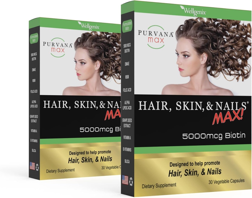 Purvana Max Hair, Skin, and Nails Vitamin - 5000mcg Biotine, Folic Acid, DMAE, Grape Seed Extract - One a Day Vegan Hair, Skin, Nails Ondersteuning - Promoot Collageen Productie - 30 Caps (Pack of 2)