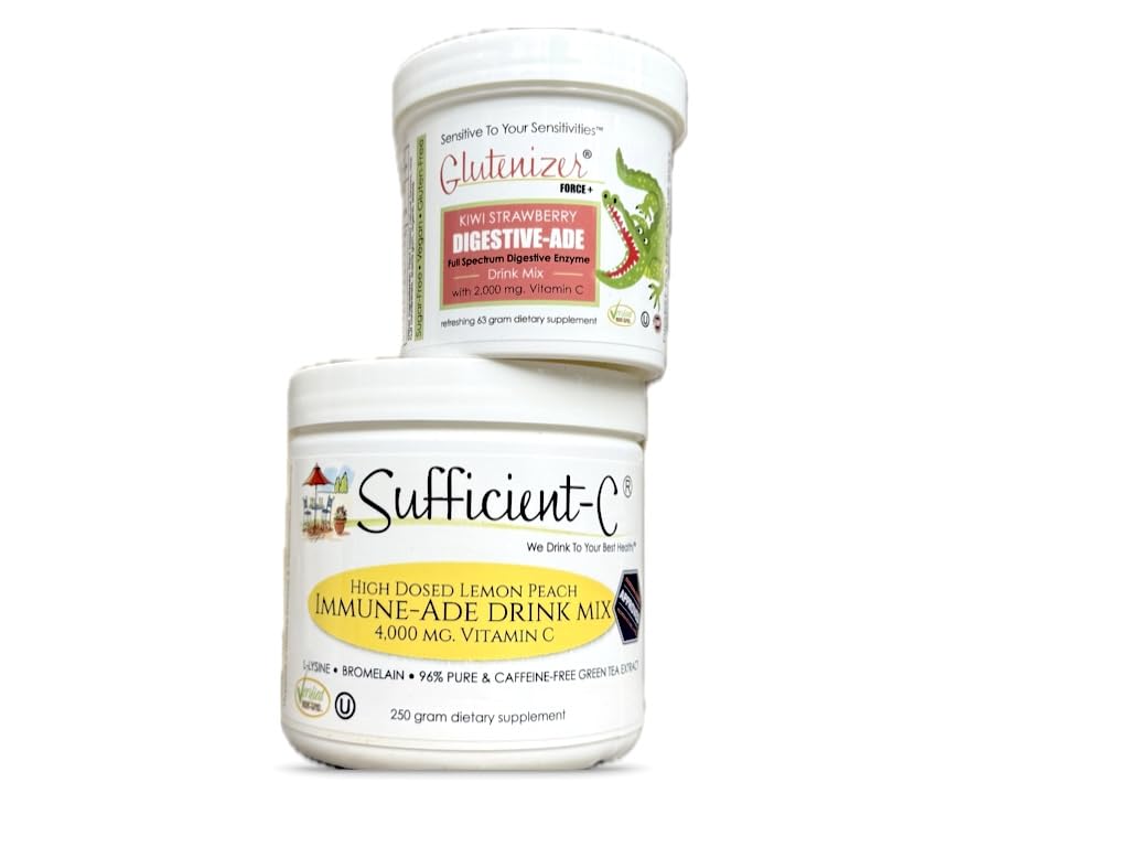 Voldoende C 250 gram Citroenperzik Immuunade Drinkmix & Glutenizer Force Plus Kiwi Aardbei Digestief-ade Drinkmix - Bundelsparen