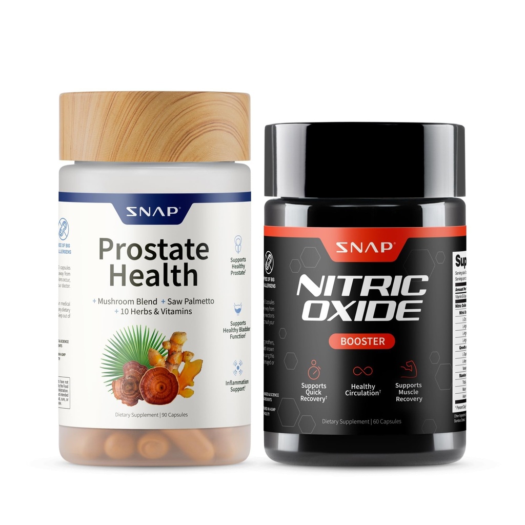 Snap Supplementen Prostaat gezondheid en stikstofoxide supplement bundel voor mannen, 90 + 60 Vegetarische capsules (1 maand levering)