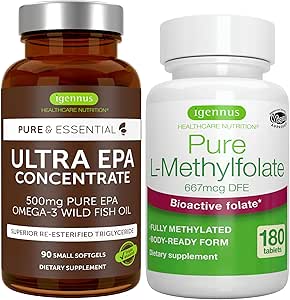 Ultra Pure EPA + Pure Folaat 400mcg Bundle, 500 mg Omega-3 EPA Wild Fish Oil + Geoptimaliseerd L-methylfolaat, door Igennus