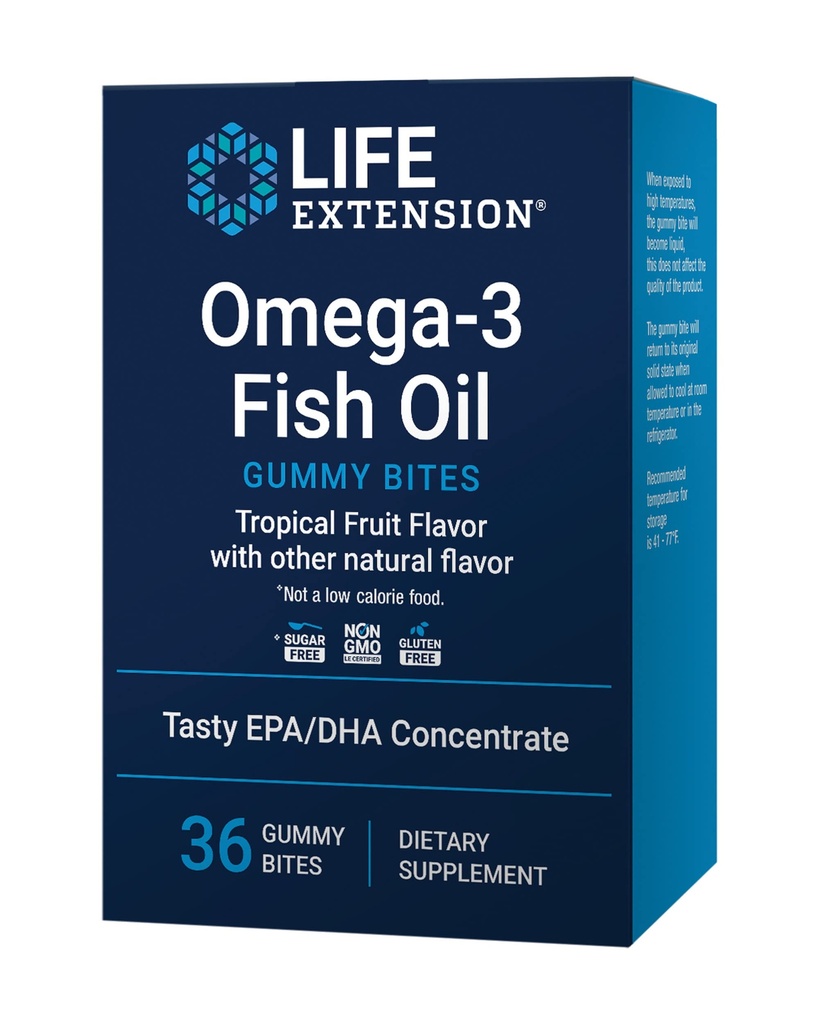 Life Extension Omega-3 Fish Oil Gummy Bites, EPA DHA vetzuren, Hoge dosis EPA DHA Ondersteuning in een heerlijke kauwvorm, Non-GMO, Glutenvrij, 36 Gummy Bites