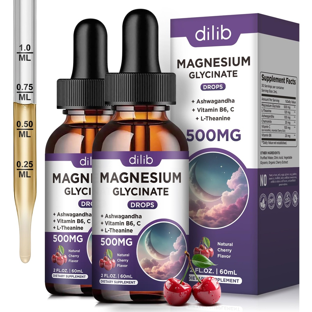 (2 Pack) Magnesium Glycinate Liquid Drops 500mg, met vitamine B6, Ashwagandha, L - Theanine, kamille, Magnesium Glycinate Supplement Hoge absorptie voor Slaap, Stress, Energie Mood - Cherry Flavor