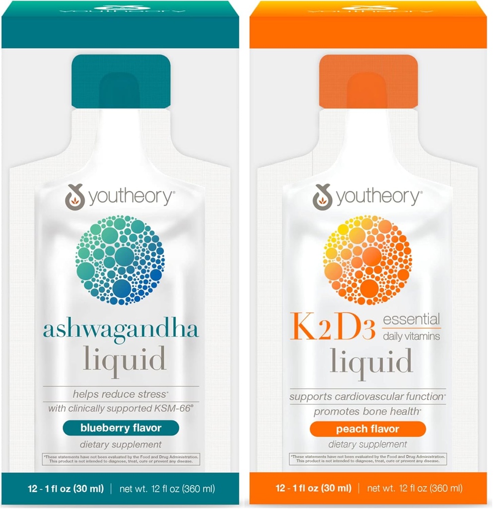 Youtheory Ashwagandha Liquid Blueberry, 12 Single Serving Packets, K2 en D3 Daily Vitamin Liquid Peach, 12 Single Serving Packets