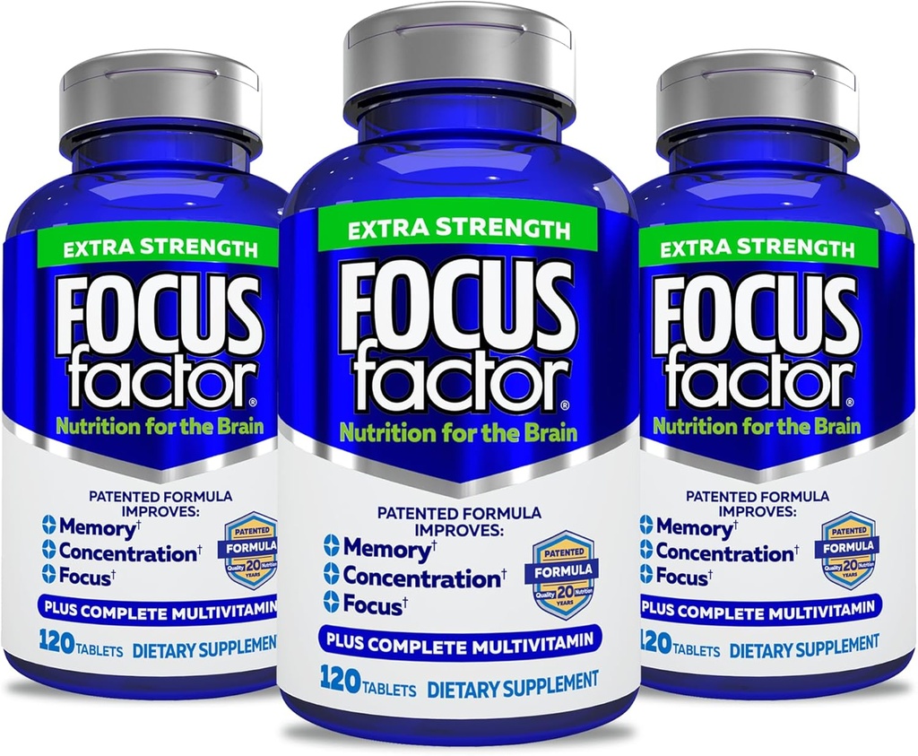 Focus Factor Volwassenen Extra sterkte, 120 Count- Hersensupplement voor geheugen, concentratie, focus- DMAE, vitamine D, DHA-hersengezondheid Supplement Vertrouwde Formule- Hersenvitaminen, Focus Pillen (3 Pack)