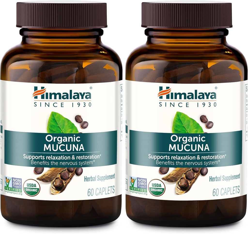 Himalaya Organic Mucuna Herbal Supplement, Supports Relaxation, Tension Relief, Brain Function, Non-GMO, USDA Organic, Vegan, Gluten Free, 600 mg, 60 Plant-Caplets, 2 Pack, 120 Day Supply