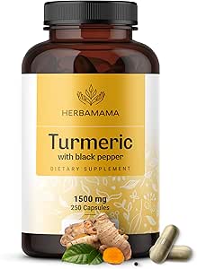 HERBAMAMA Curcumine Kurkuma Capsules - 1500mg Curcuma Longa and Black Pepper Extract for Uric Acid & Dispatitive Support - Vegan, Non-GMO Kurkuma Antioxidant Supplement, 250 Caps