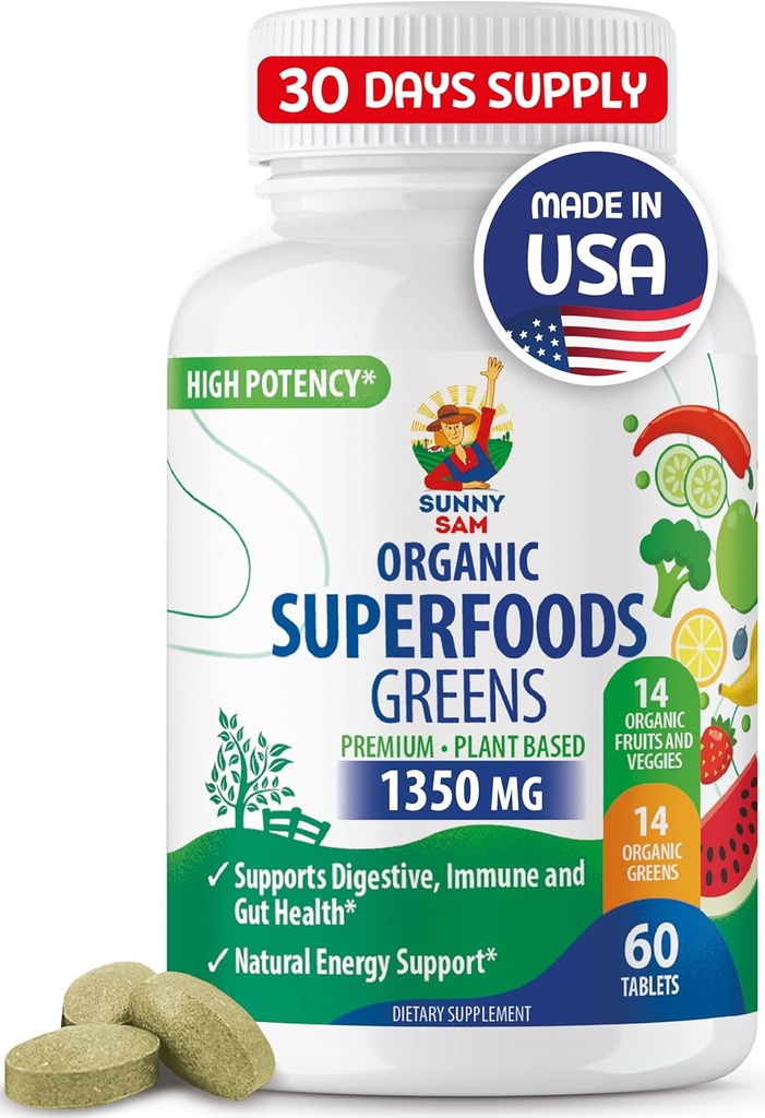 SUNNY SAM Super Food Green supplementen voor volwassenen - 60 tabletten - Biologische Super Greens met echte groenten, fruit en kruiden voor natuurlijke spijsvertering en energie ondersteuning