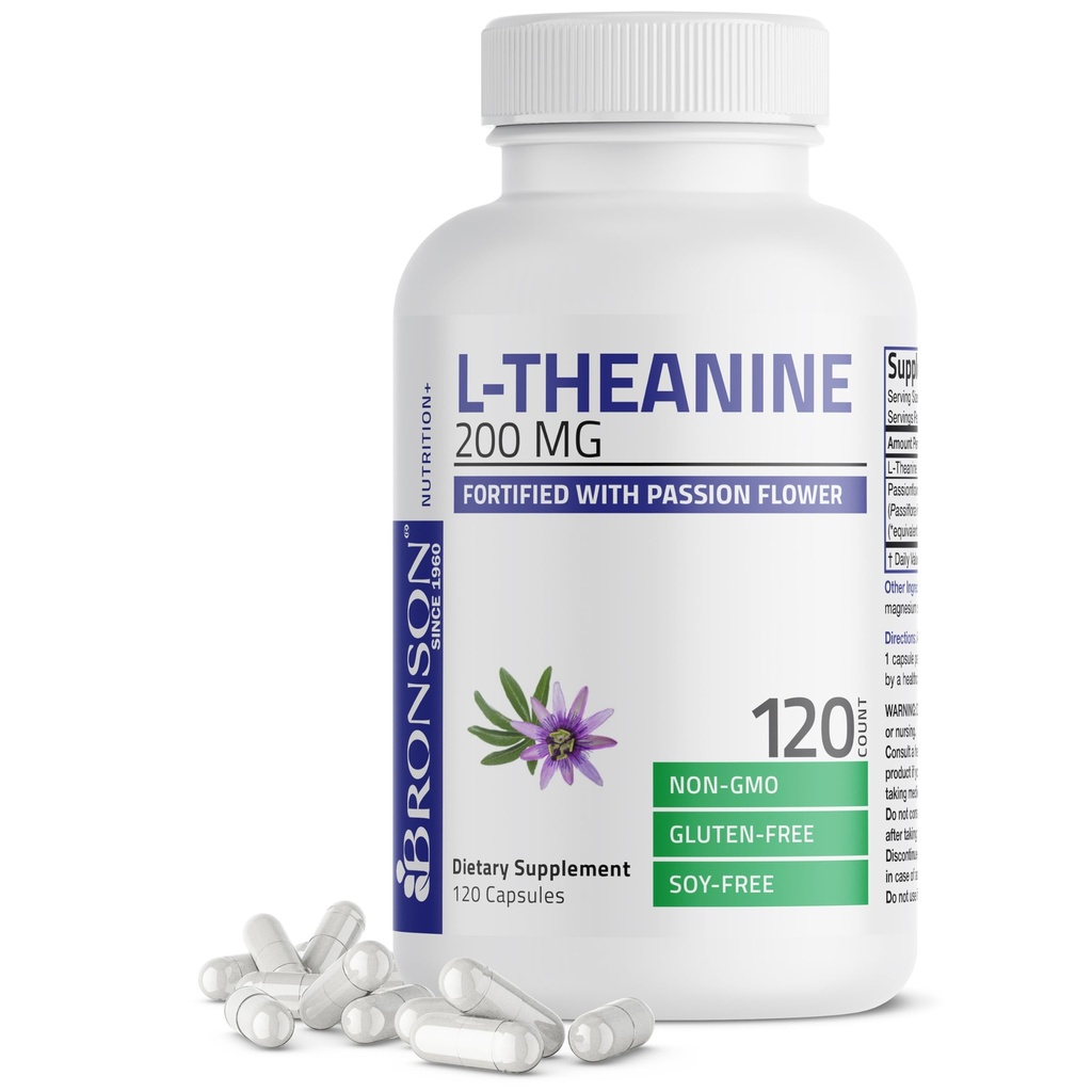 Bronson L-Theanine 200mg (Dubbel-Strengte) met Passion Flower Herb, Non-GMO Glutenvrije Soy-Free Stress Management Supplement, 120 capsules